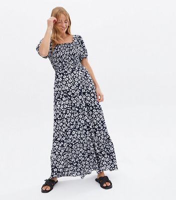 Blue Vanilla Navy Floral Shirred Puff 