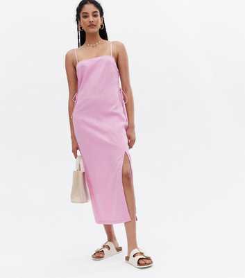 Pink Spot Linen Blend Lace Up Side Midi Dress
