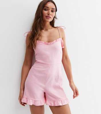 Mid Pink Linen Blend Strappy Frill Playsuit