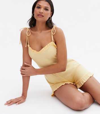 Pale Yellow Linen Blend Strappy Frill Playsuit
