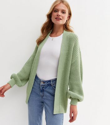 Light Green Knit Long Puff Sleeve Cardigan New Look