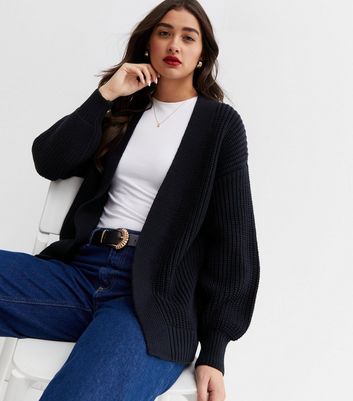 Navy Knit Long Puff Sleeve Cardigan New Look