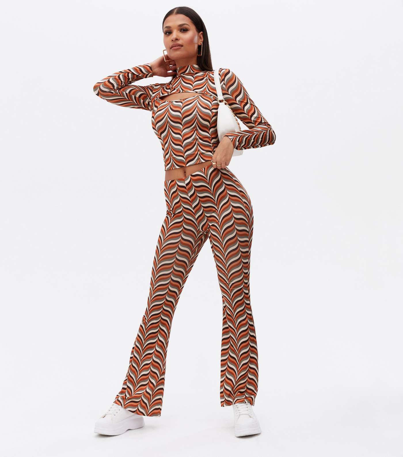Cameo Rose Brown Geometric Jersey Flared Trousers