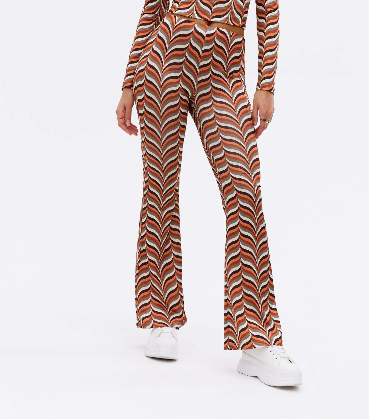 Cameo Rose Brown Geometric Jersey Flared Trousers Image 3