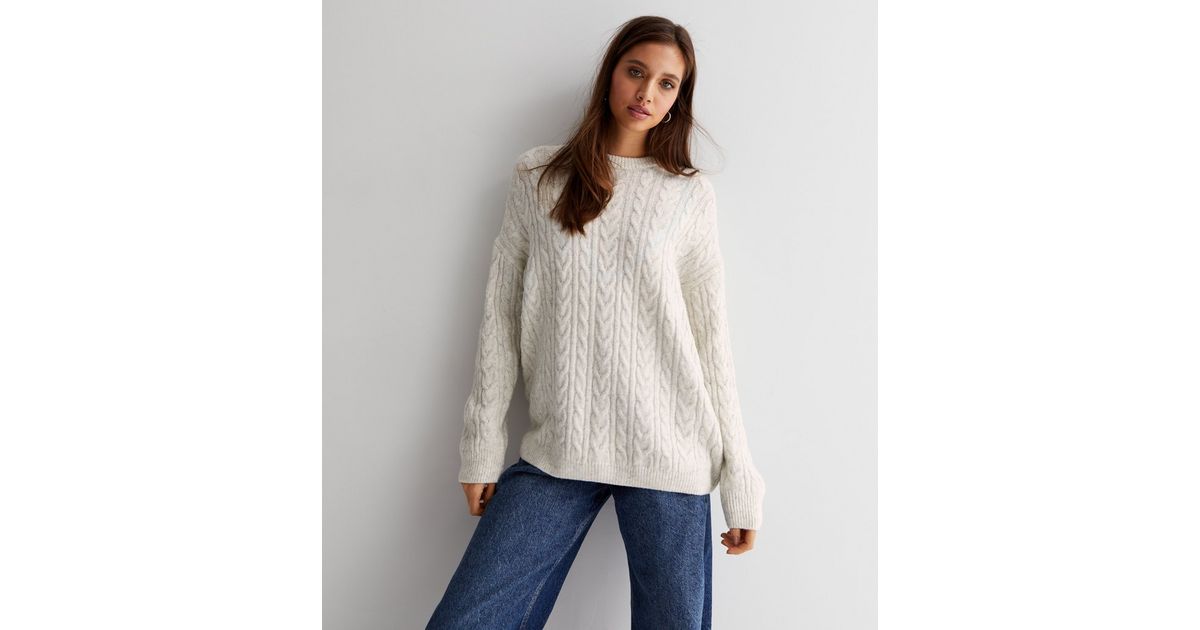 Off White Cable Knit Dropped Shoulder Longline Jumper