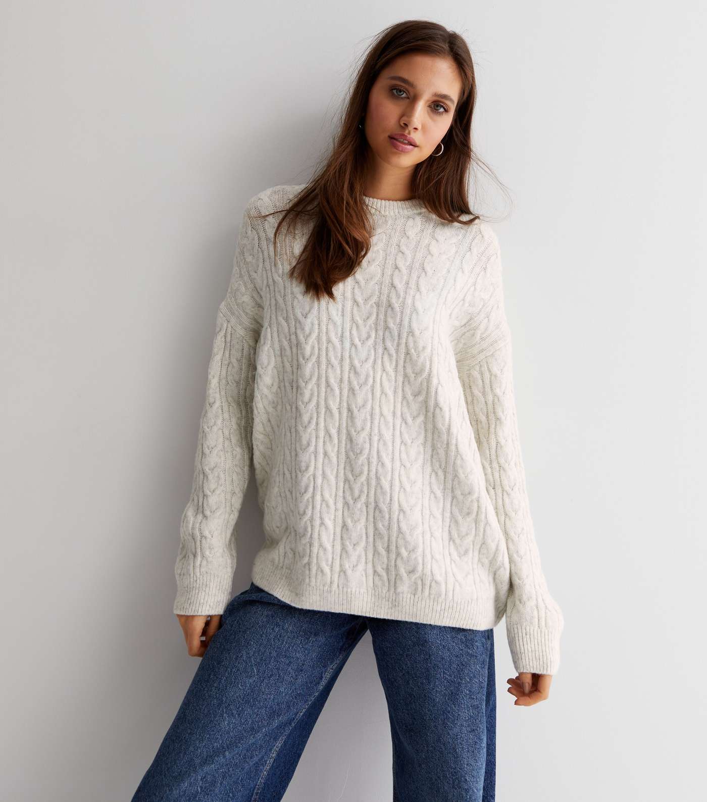 Off White Cable Knit Dropped Shoulder Longline Jumper