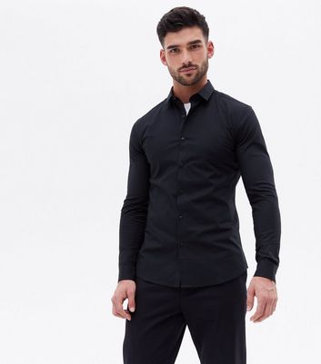 Black Poplin Long Sleeve Muscle Fit Shirt