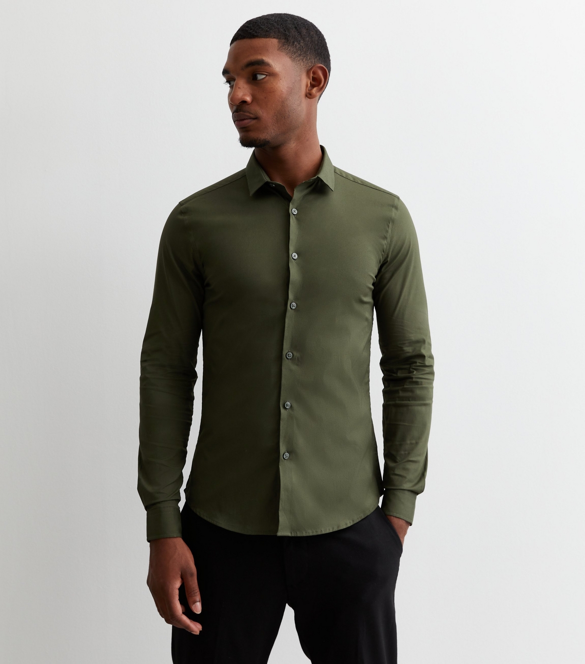 Men's Khaki Poplin Long Sleeve Muscle Fit Shirt New Look