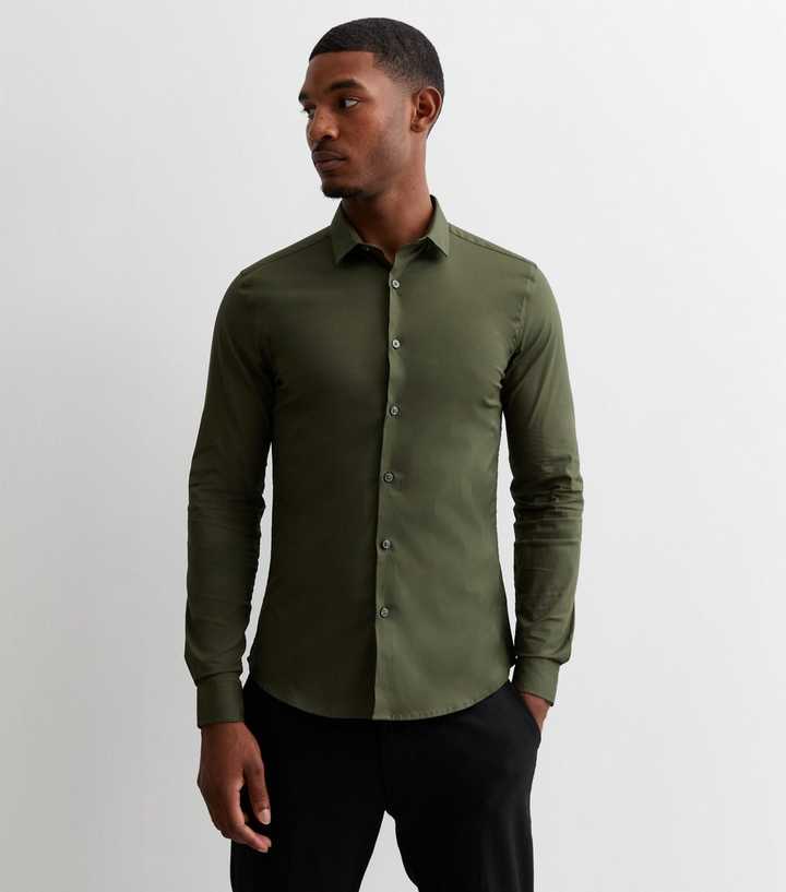 Khaki Poplin Long Sleeve Muscle Fit Shirt