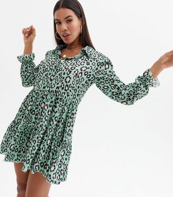 Cameo Rose Green Leopard Print Smock Shirt Dress New Look