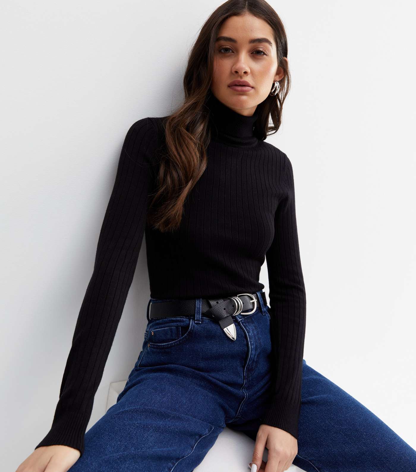 Black Ribbed Knit Roll Neck Top