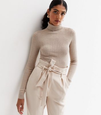 Cream Ribbed Knit Roll Neck Long Sleeve Top | New Look