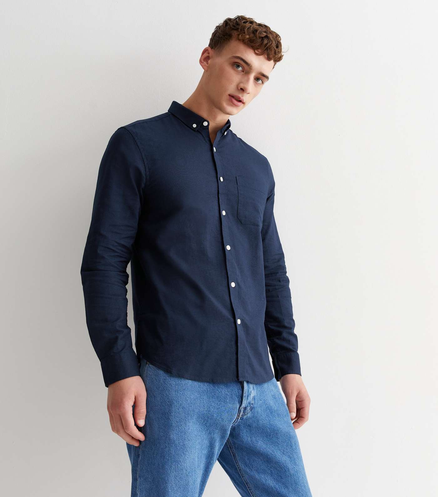 Navy Cotton Long Sleeve Oxford Shirt Image 2