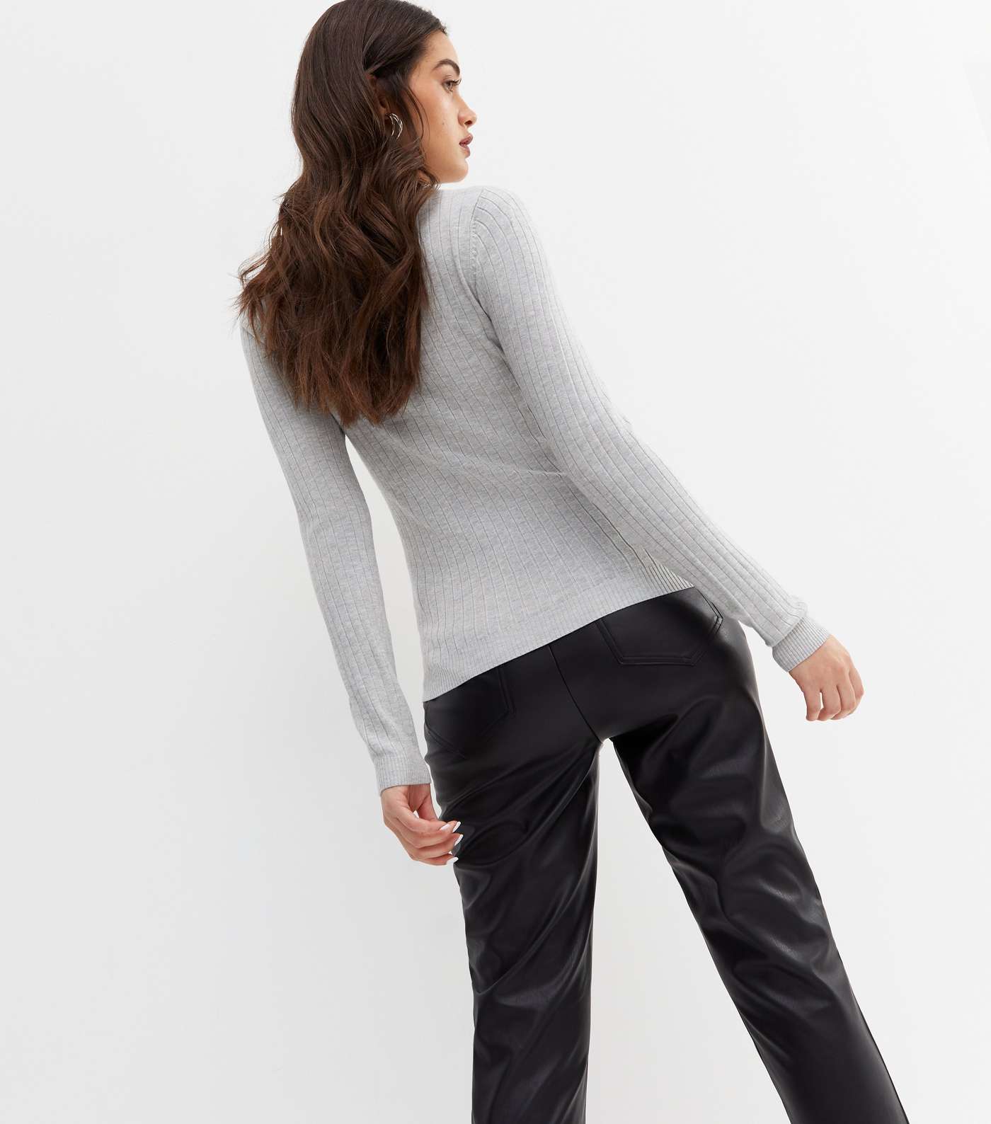 Pale Grey Ribbed Knit Crew Neck Jumper Image 4