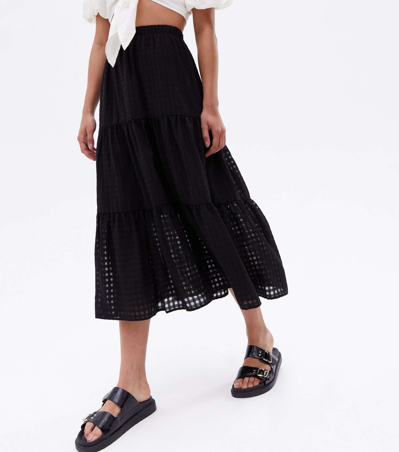 Black Gingham Tiered Midi Skirt Image 2