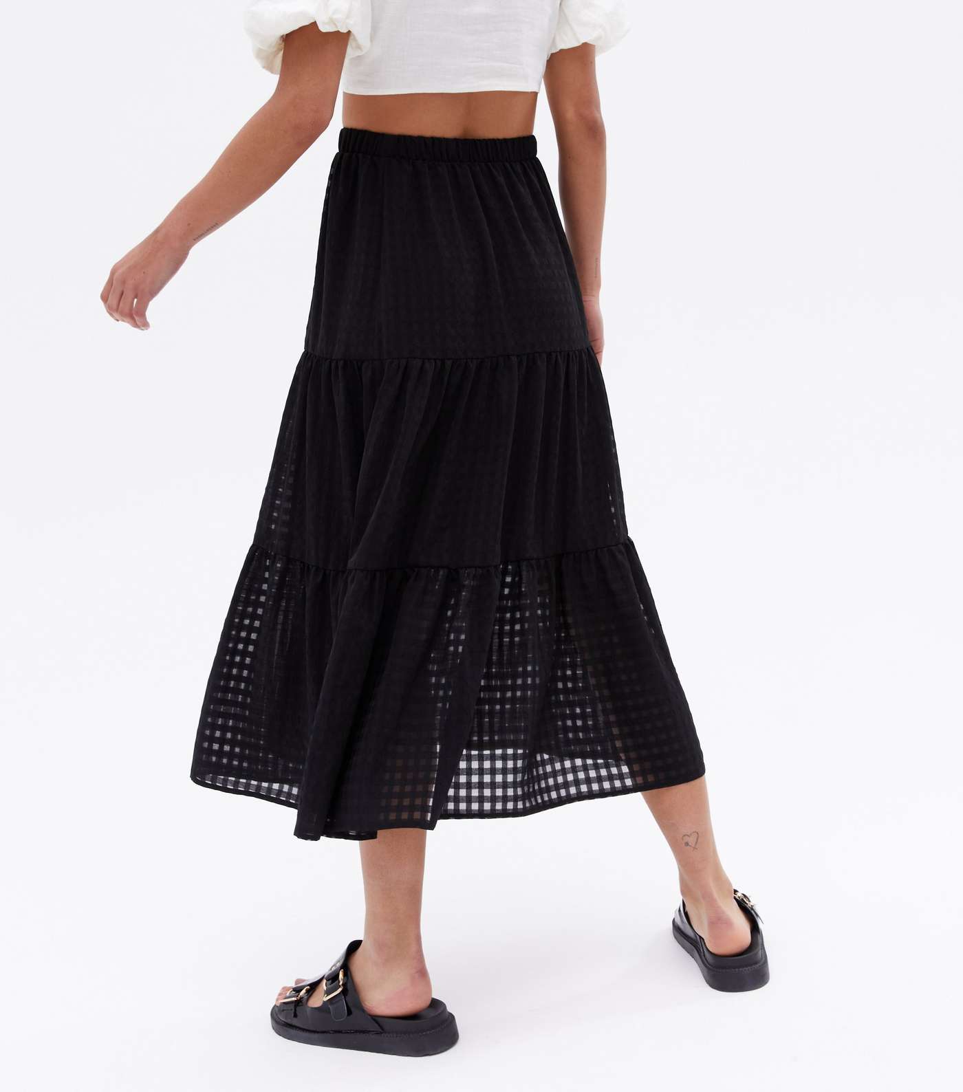 Black Gingham Tiered Midi Skirt Image 4