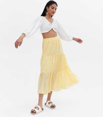Pale Yellow Gingham Tiered Midi Skirt