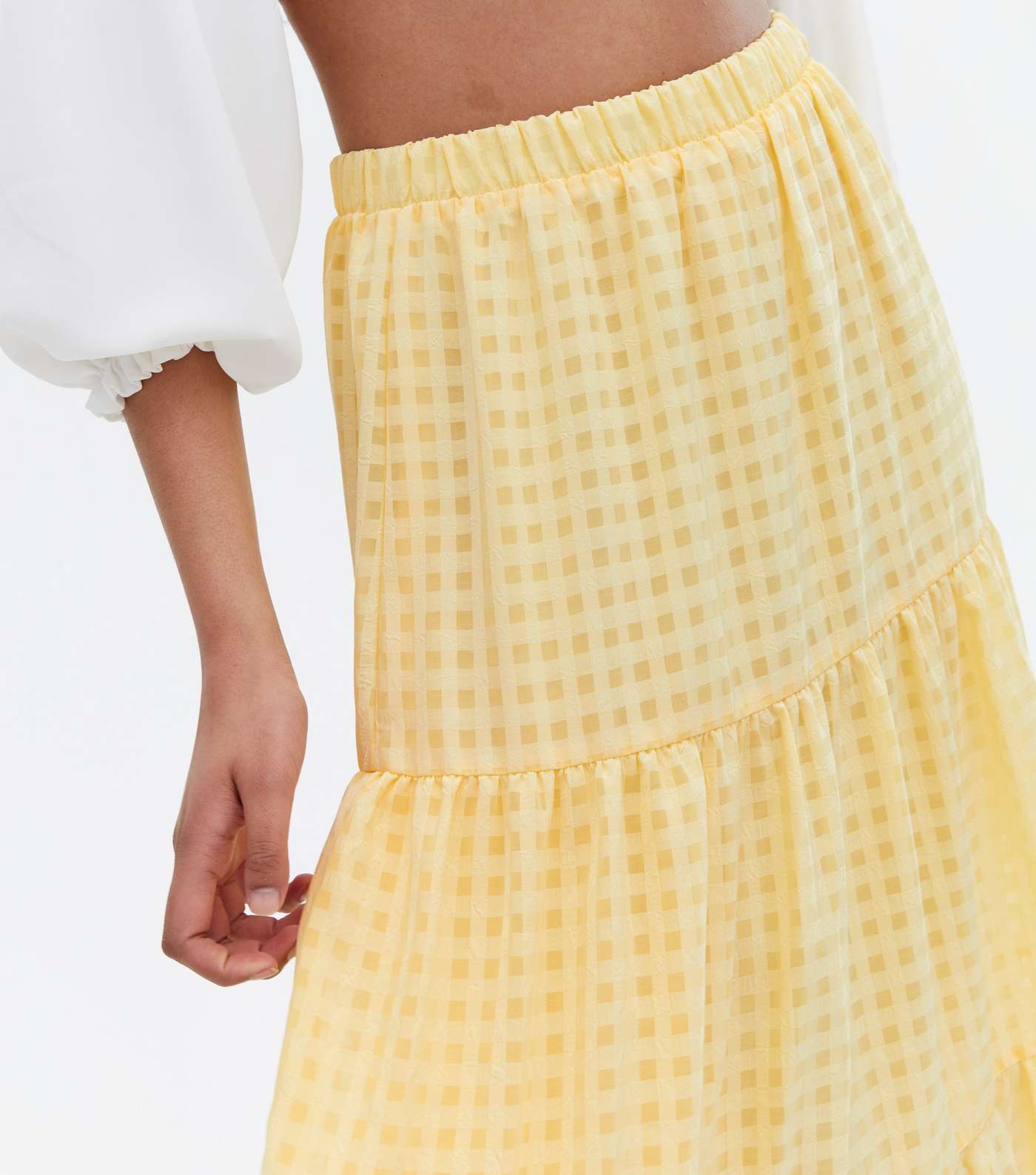Pale Yellow Gingham Tiered Midi Skirt Image 2
