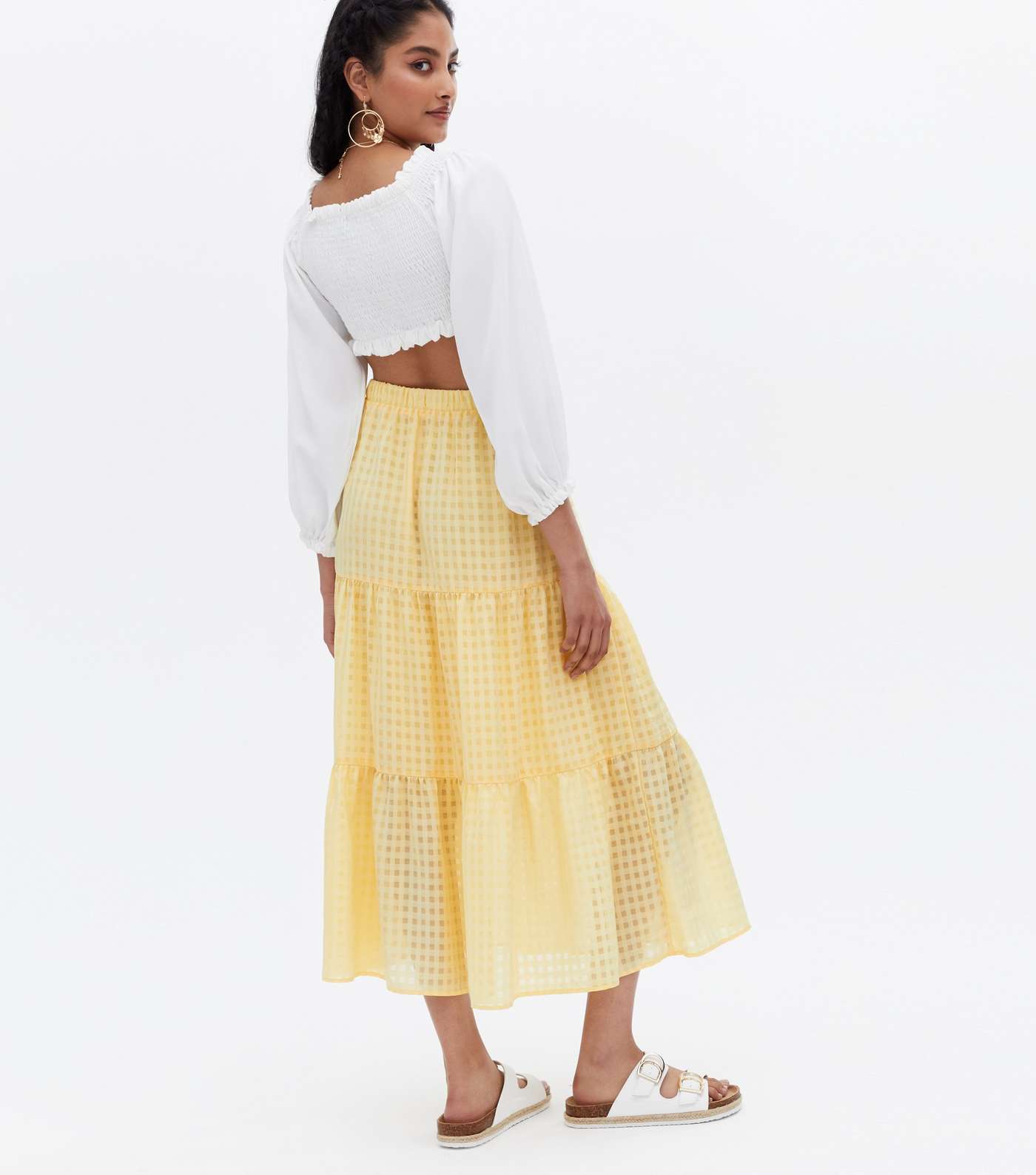 Pale Yellow Gingham Tiered Midi Skirt Image 4