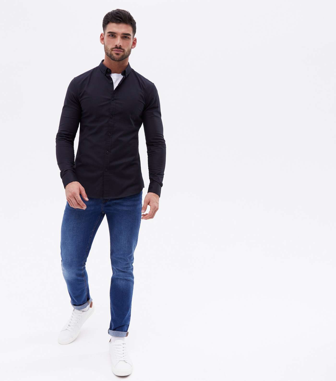 Black Muscle Fit Long Sleeve Oxford Shirt Image 2