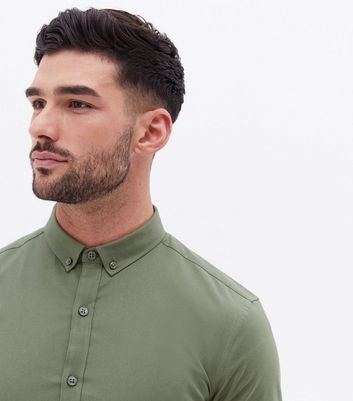 Men's Khaki Muscle Fit Long Sleeve Oxford Shirt New Look