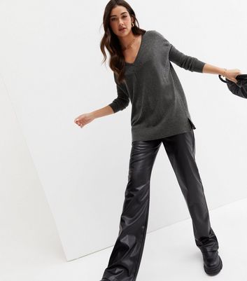 Dark Grey Soft Fine Knit V Neck Ribbed 