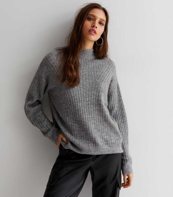 Grey sweater “oversized high roll knit pull over” & silver