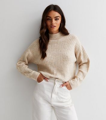 Cream Ribbed Knit High Neck Drop Shoulder Jumper New Look