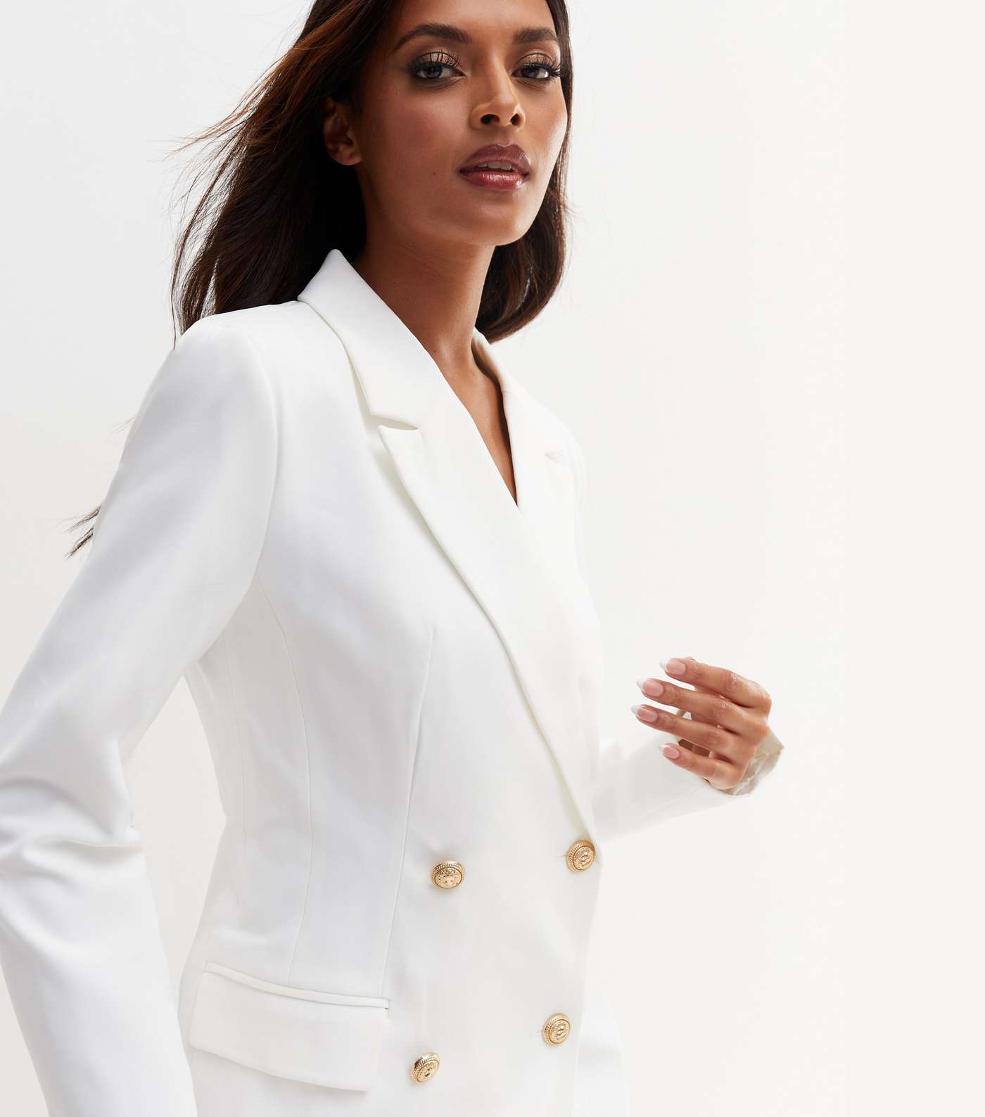 White Double Breasted Long Blazer Image 3