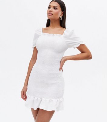 white shirred mini dress