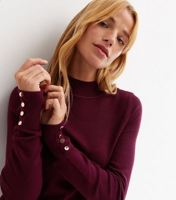 Burgundy Fine Knit High Neck Button Sleeve Jumper New Look