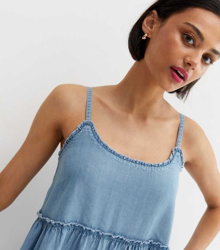 Pale Blue Denim Tiered Strappy Mini Smock Dress | New Look