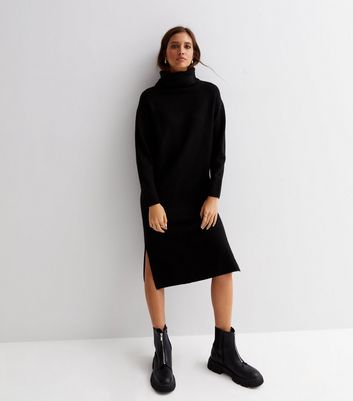 plain black long sleeve midi dress