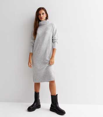 Pale Grey Knit Roll Neck Long Sleeve Midi Dress