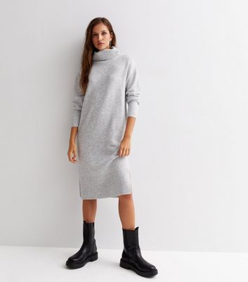 Pale Grey Knit Roll Neck Long Sleeve Midi Dress | New Look