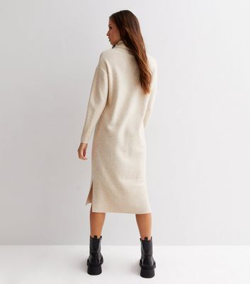 Cream Knit Roll Neck Long Sleeve Midi 