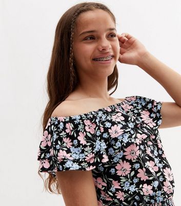 Teenager Bekleidung für Mädchen Girls Black Floral Shirred Waist Bardot Playsuit
