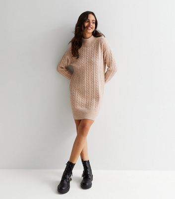 Camel Cable Knit Long Sleeve Mini Jumper Dress New Look