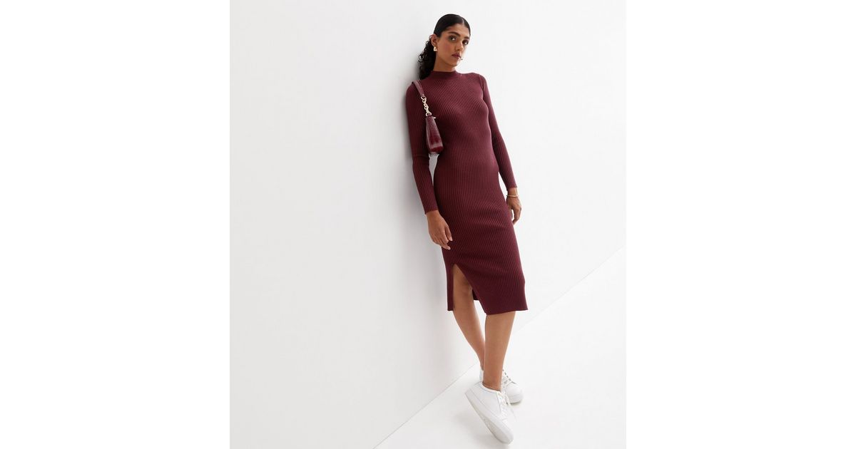 Jinglan Women's Long Sleeve Mock Neck Knit Midi Dress Burgundy Marl Size S