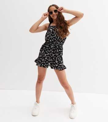 Girls Black Butterfly Crepe Frill Playsuit