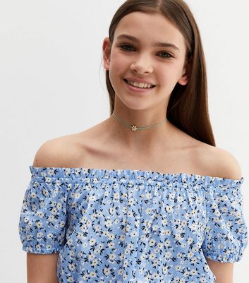 Teenager Bekleidung für Mädchen Girls Blue Floral Wide Leg Bardot Jumpsuit