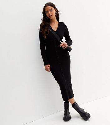 Black Ribbed Knit Button Front Midi Polo Dress