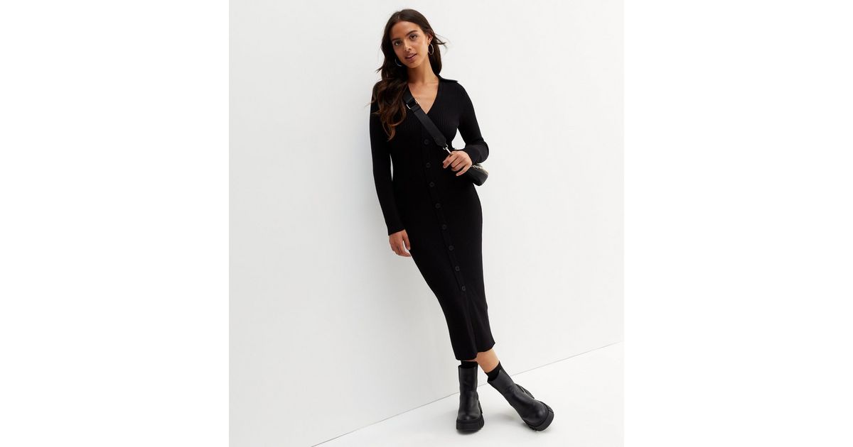 Black Ribbed Knit Button Front Midi Polo Dress | New Look