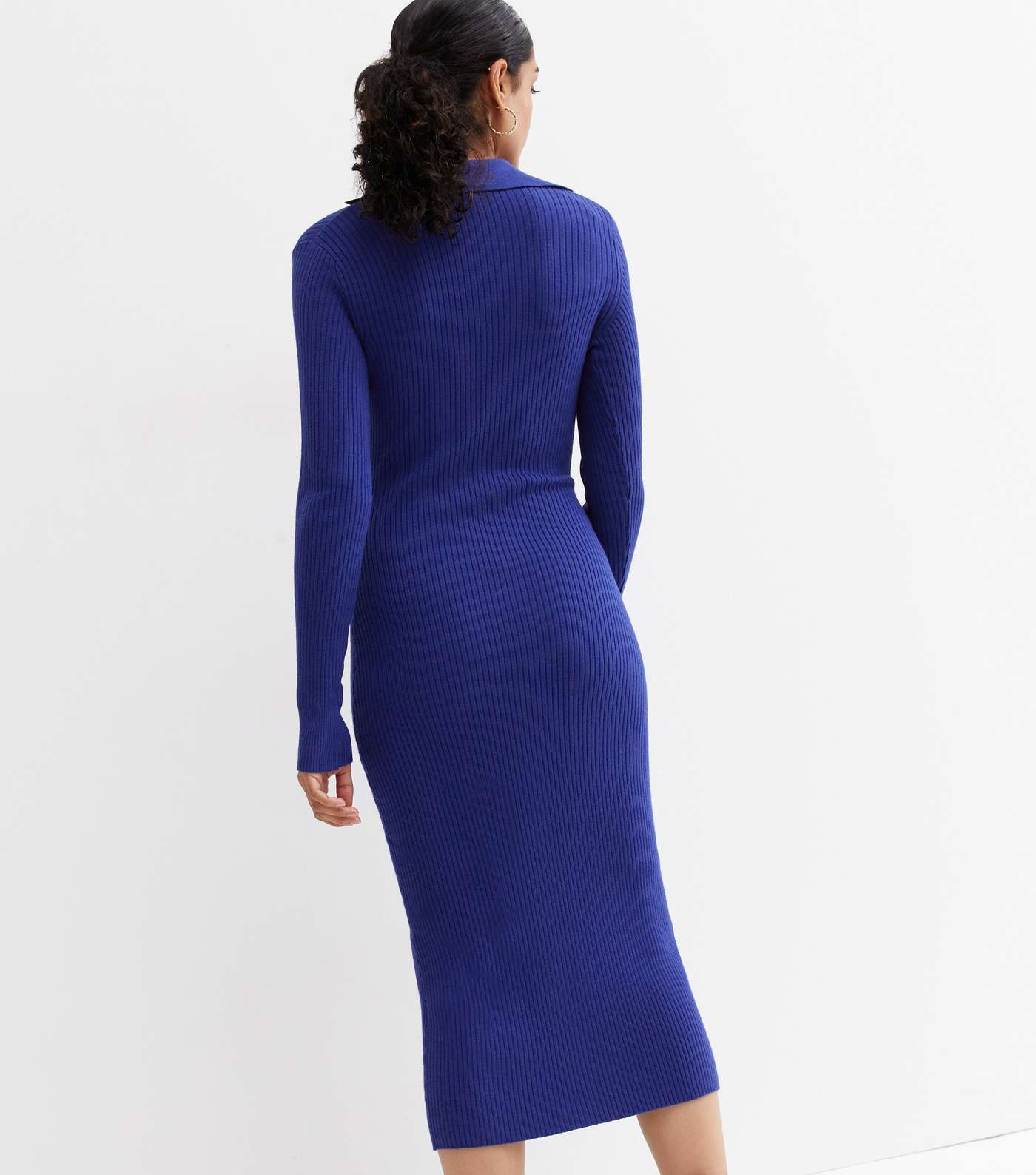 Bright Blue Ribbed Knit Button Front Midi Polo Dress Image 4