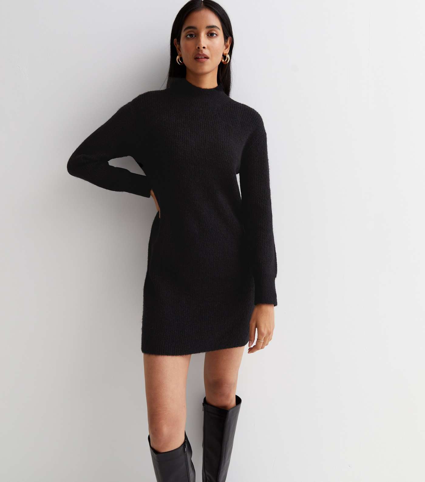 Black Ribbed Knit High Neck Long Sleeve Mini Dress