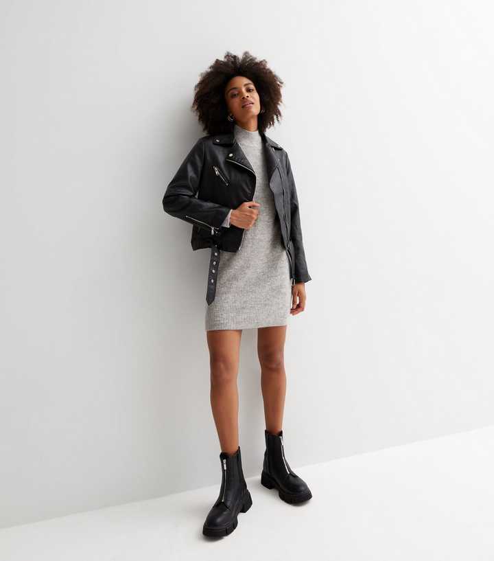 Grey High Neck Dress With Jacket Pale Grey Ribbed Knit High Neck