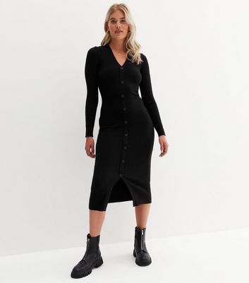 Tall Black Ribbed Knit Button Front Midi Polo Dress