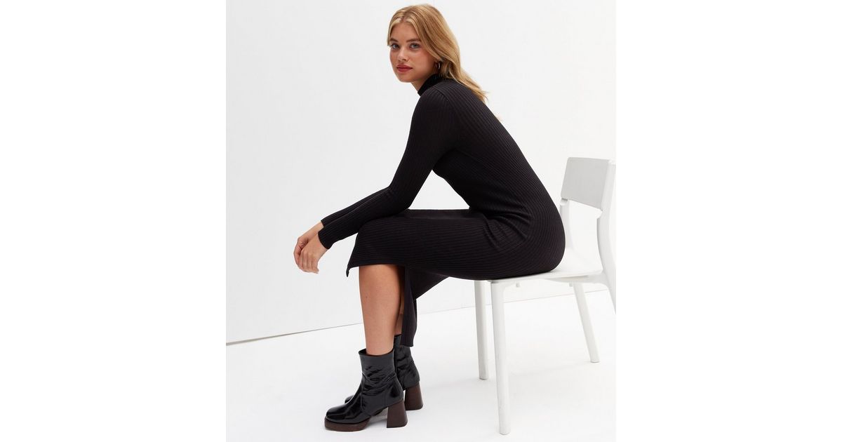 Elegant Ribbed Knit Semi High Neck Solid Long Dress