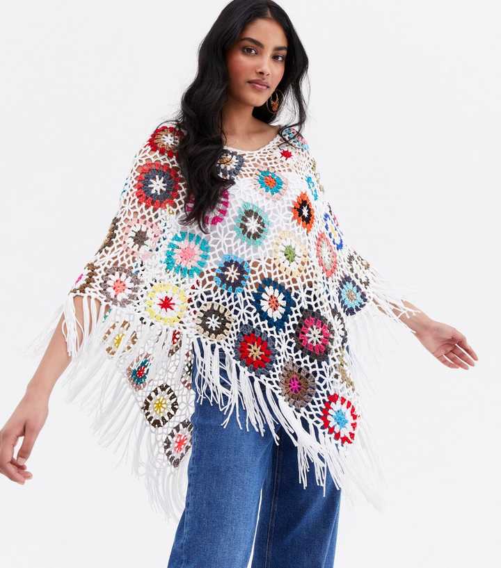 Blue Vanilla Multicoloured Floral Crochet Fringed Poncho | New Look