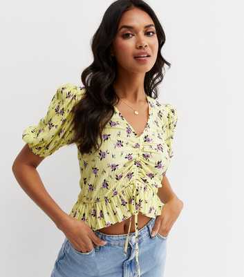 Yellow Floral Plissé Ruched Frill Top
